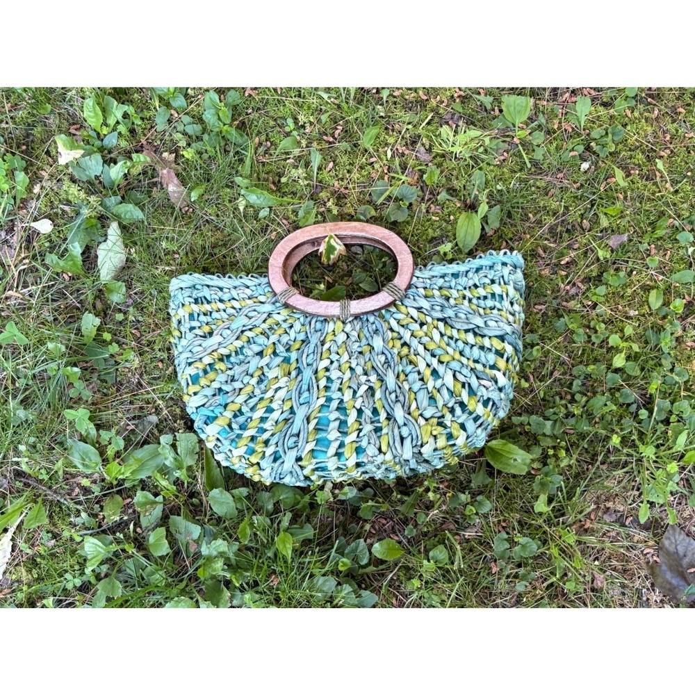 Coldwater‎ Creek Woven Raffia Satchel Wood Handle Turquoise Boho Bag